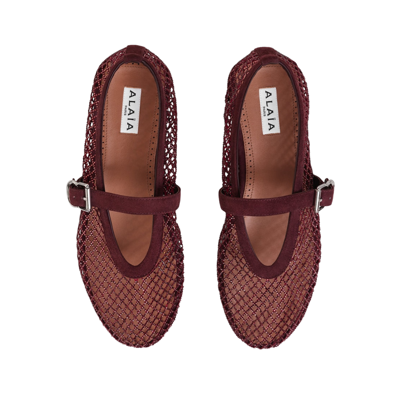 Alaia Fishnet Ballet Flats Burgundy in Crystal Mesh - Image 3